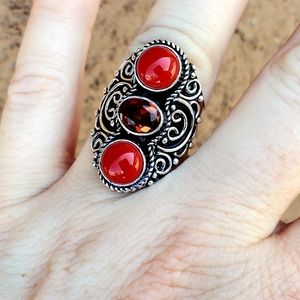 New Coral and Garnet 925 Silver Statement Ring.